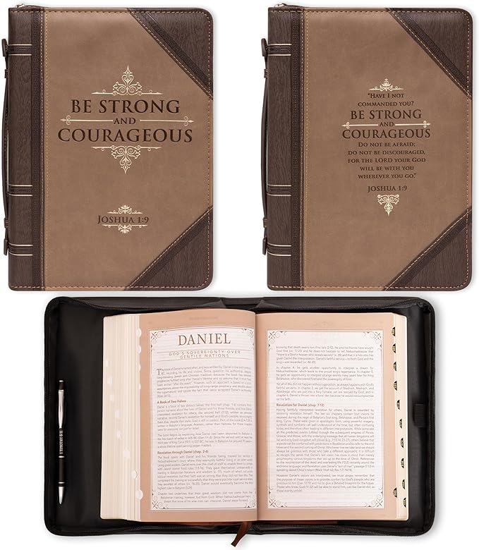Christian Art Gifts Men's Classic Bible Cover Be Strong and Courageous Joshua 1:9, Brown Faux Leather, XL