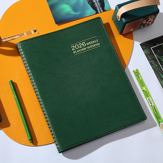 2026 Planner - 11.38'' x 8.74'', Weekly & Monthly Planner Notepad, Jan. 2026 - Dec. 2026, Appointment Book, 60 Minutes Interval, Monthly Tabs, Faux Soft Leather, Spiral Bound - Green