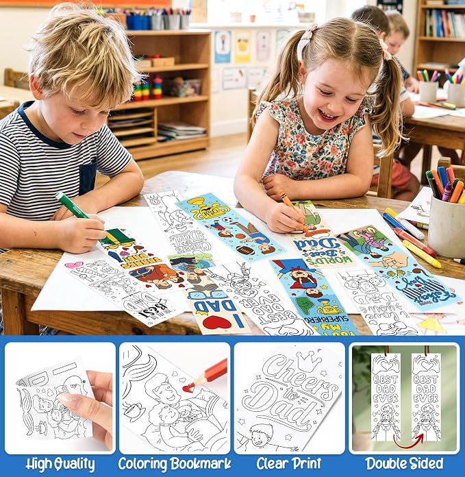 100 Pcs Father's Day Color Your Own Bookmarks for Kids, Bulk Dad DIY Coloring Blank Bookmarks with Ribbons, School Classroom Home Art Crafts Kits Activity, Happy Father's Day Gifts from Daughter Son