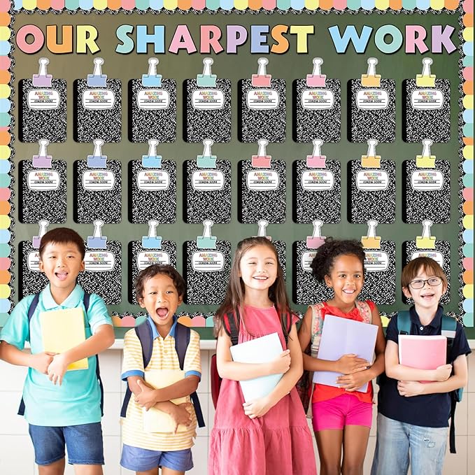 JarThenaAMCS Student Work Display Bulletin Board Decoration Set Composition Notebook Clips Inspirational Paper Cutouts for Back to School Classroom Chalkboard Wall Decor Teacher Supplies