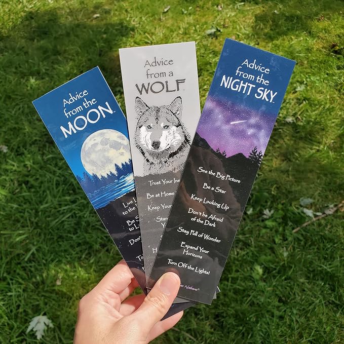 Advice 3 Bookmark Night Set, Laminated with Glossy Finish, Printed on Recycled Paper, Wolf, Moon, Dark Sky (AMBM-Night)