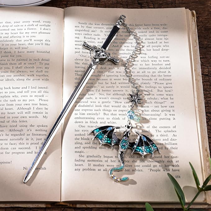 Fantasy Fourth Wing Bookmark - Sward Dragon Book Mark for Men Vintage Tassel Metal Pendant Antique Silver Blue Book Marker Reading Lovers Gifts Birthday Teacher Readers