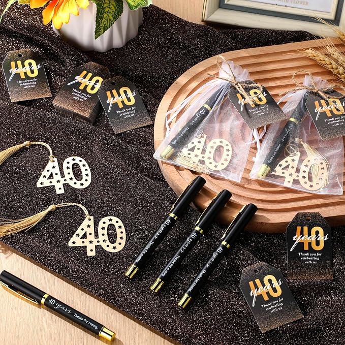 Spakon 50 Set 40th Birthday Party Favor for Guest Anniversary Party Favor Golden Birthday Bookmark Thank You Pen with Tag Appreciation Gifts for Women Men Wedding Anniversary