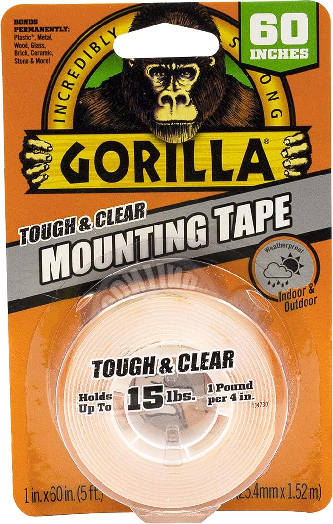Gorilla Tough & Clear, Double Sided Mounting Tape, Weatherproof, 1" x 60", Clear, (Pack of 8)