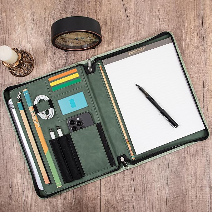 Embossed Vegan Leather Portfolio for Women,Professional Organize Padfolio with A4 Notepad Holder,Professional Business Document Organizer for Women (Light Green)