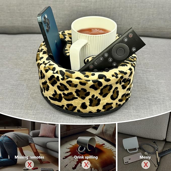 Xchouxer Couch Cup Holder Pillow, Sofa and Bed Organizer Caddy for Drinks, Remotes, Phones (Leopard)