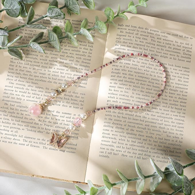 Fantasy Butterflies Bookmark Gifts - Pink Cute Aesthetic Beaded Bookmarks for Women Girls Book Lovers Crystal Bead Chain Page Marks School Office Reading Accessories Bookish Gift for Birthday