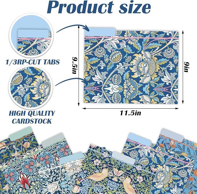 AnyDesign William Morris Floral File Folders Letter Size 12 Packs Vintage Blue Flower File Pockets with 1/3 Cut Tab for Home Office Classroom Supplies, 9.5 x 11.5 Inch