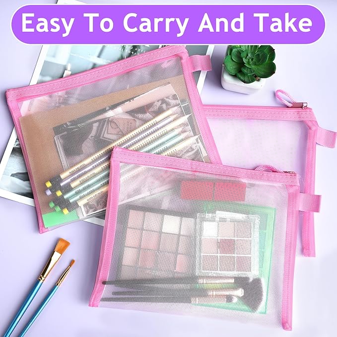 15 Pcs Mesh Zipper Pouch Bags,Pink Makeup Bags,Zipper Nylon Mesh Pouch,Nylon Mesh Cosmetic Bags,Portable Makeup Pouches Organizing for Travel and Office Supplies(Pink, A5)