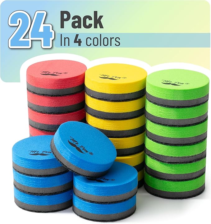 Mr. Pen- Round Magnetic Dry Erase Erasers, 24 Pack, Colorful Small Magnetic Whiteboard Dry Erase Erasers Bulk for Kids, Teachers, Students and Classroom Supplies
