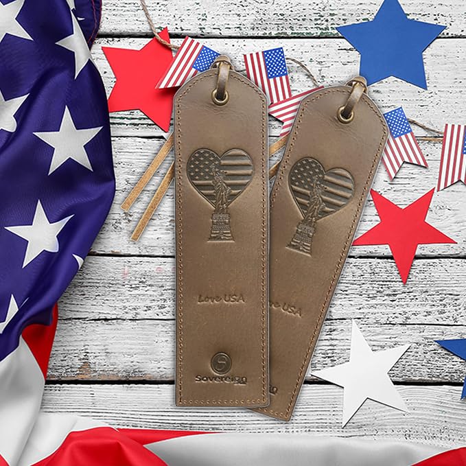 Sovereign-Gear Premium Leather Bookmark | Elegant Smart Bookmark for Men and Women | 2 Perfect Leather Bookmarks with USA Flag Heart for Readers, Writers, and Book Lovers (7x2) Leather Gift
