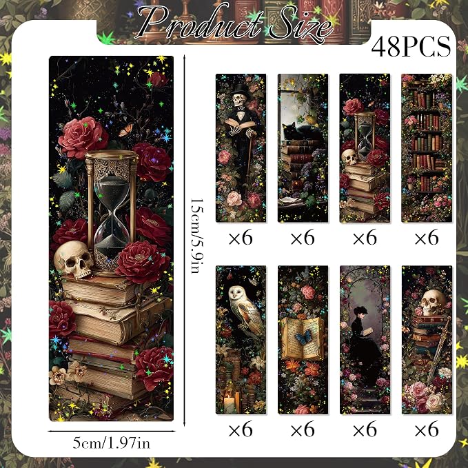 Dark Romance Bookmark Gifts - 48 Pcs Vintage Gothic Paper Bookmarks Bulk for Women Book Lovers Skull Flower Page Marks Merch School Reading Accessories Bookish Gift for Birthday Graduation