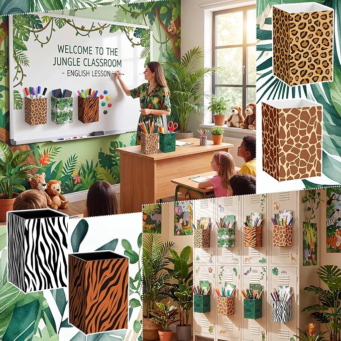 6 Pcs Safari Animal Classroom Decor Classroom Magnetic Storage Boxes Magnetic Storage Containers Plastics Pen Holder for Refrigerator Whiteboard Home Office School Organizer Supply