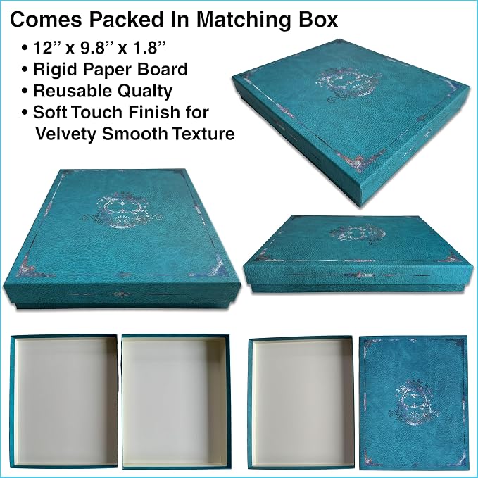12 Pack Decorative File Folders in Matching Resuable Rigid Box, Violet Silver Ornate Design On Blue Leather, Letter Size 9.2x11.7 Colored Folders, Full Color Outside & On Pockets with Beige Lining