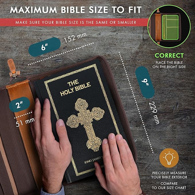 ELIZO Leather Bible Cover Bible Case for Men Women Genuine Leather Bible Bag Holder Cross Large Carrying with Zipper Case Protector Christian Religious Gifts for Mens (Cognac/Tan, Standard/Small)
