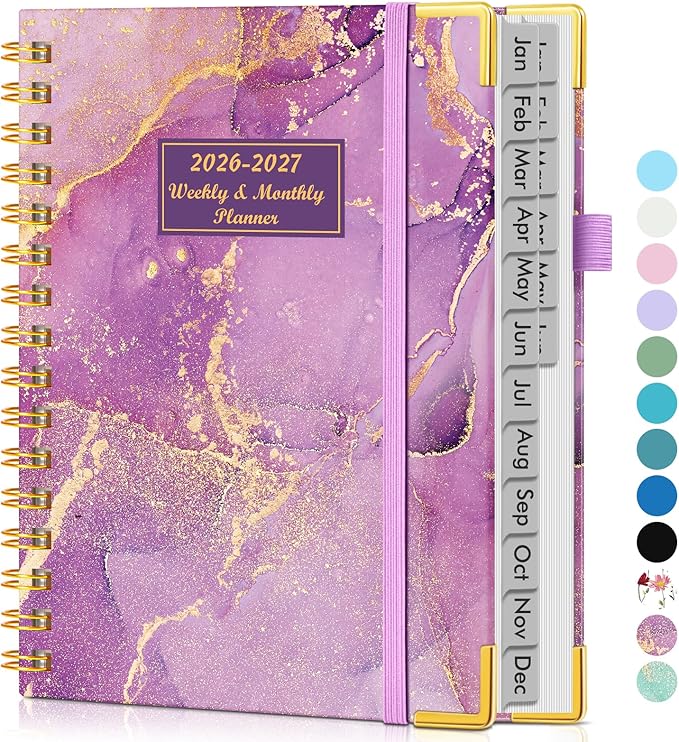 Planner 2026-2027, 18 Months Weekly and Monthly Hardcover Planner, January 2026 - June 2027, 5.75" x 8.38" A5 Daily Calendar Planner Book with Tabs, Spiral Yearly Agenda Organizer Notebook for School Work Home, Purple Marble