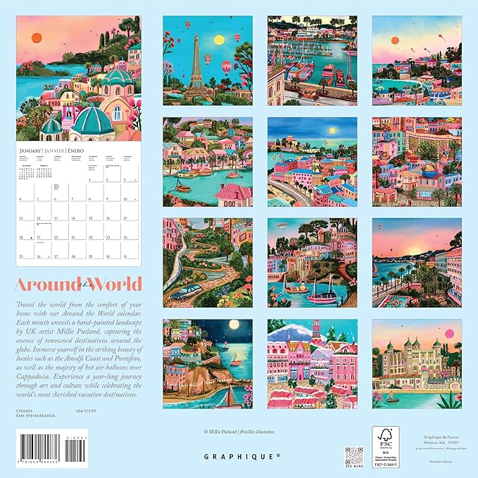 Graphique 2026 Around The World Wall Calendar | 12” x 12” | Thick Paper | Home & Office Organizer | Large Monthly Grid | 3 Languages & Marked Holidays | 4 Month Preview Page for 2027