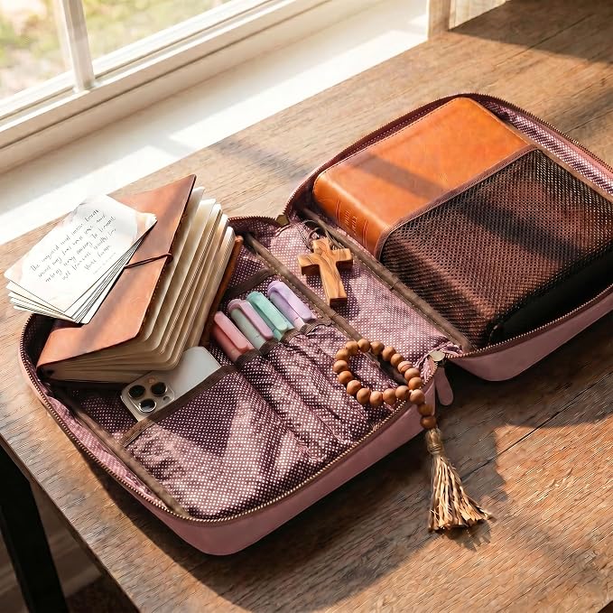 LEATHER VILLAGE Handmade Vintage Genuine Leather Embossed Bible Cover for Men & Women, Large Protective Bible Case & Organizer for Church, Travel & Study Christian Religious Antique Bookmark - Fuchsia