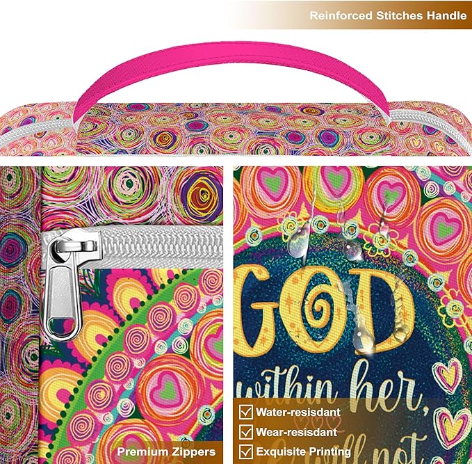 God Is Within Her Bible Cover for Women, Scripture Bible Case with Handle and Zipper Pocket, Canvas Bible Bag Fits Standard Size, Christian Gift for Girls, Church Use, Bible Study Organizer