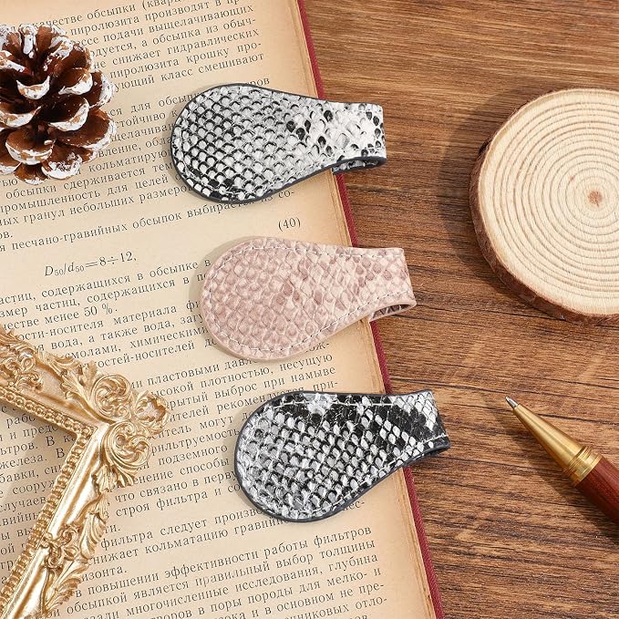 3PCS Vintage Magnetic Leather Bookmark, Leather Magnetic Bookmarks for Women, Magnetic PU Bookmarks Clip Book Accessories, Snake Skin Pattern