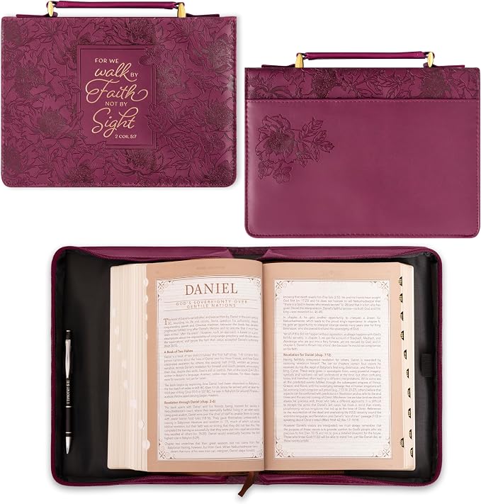 Christian Art Gifts Protective Maroon Floral Faux Leather Bible Cover Carry Case with Handle for Women: Walk by Faith - 2 Corinthians 5:7 Inspirational Bible Verse Zippered with Pocket, Medium