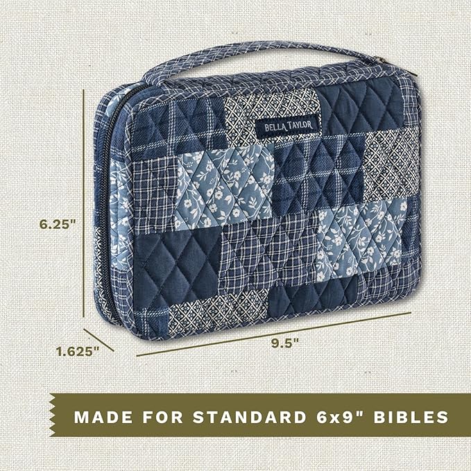 Bella Taylor Small Bible Cover for Women, Quilted Cotton Fabric Bible Case for 6 x 9 inch Bibles, Heritage Blue Patch