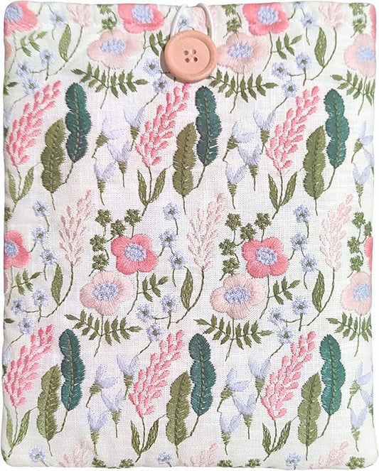 Floral Embroidered Canvas Book Sleeve - Elegant Book Cover, Padded Protector for Paperbacks & Hardcovers, Ideal for Book Lovers, Wooden Button (Lavender, Large)