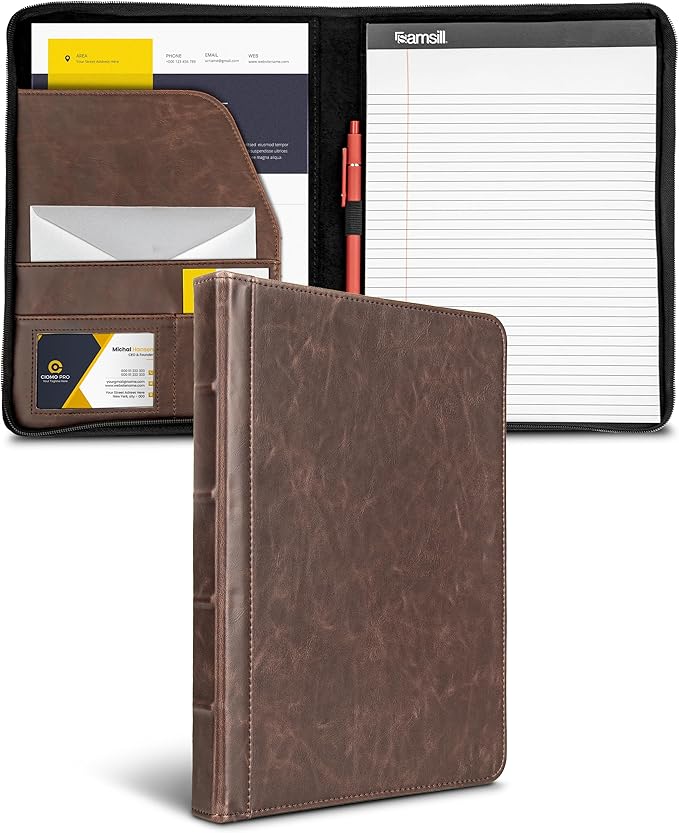 Samsill Vintage Portfolio/Zipper Faux Leather Portfolio, Book Style Hardback Design, Business & Interview Padfolio Organizer, 8.5 x 11 Writing Pad, Dark Brown