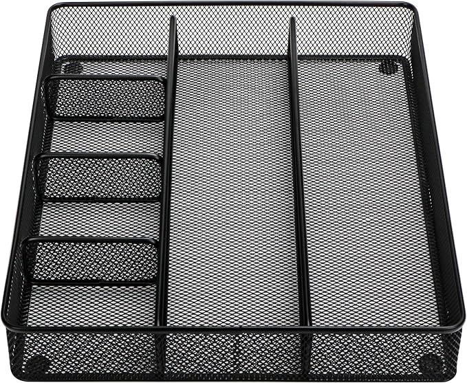 Annova Desk Top Organizer Tray for Office Organization - Metal Mesh - Storage Tray with Dividers for Pens, Desktop Accessories, Bathroom, Kitchen, Makeup and Office Supplies (Large, Black)