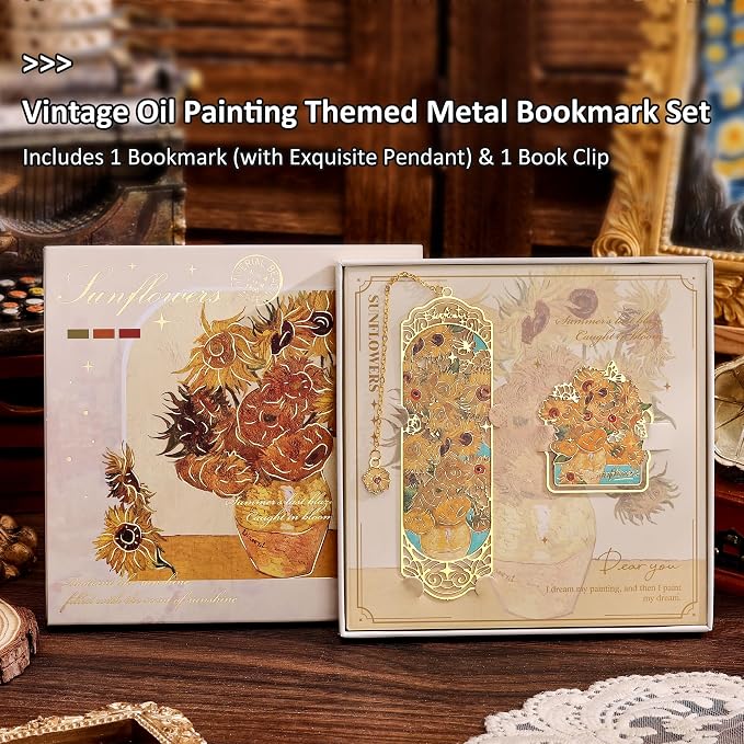 Luxury Metal Bookmark & Book Clip Gift Set, Oil Painting Themed Sunflowers, 1 Bookmark with Pendant + 1 Book Clip, Elegant Christmas New Year Gift Box for Women Book Lovers Writers Readers Teens