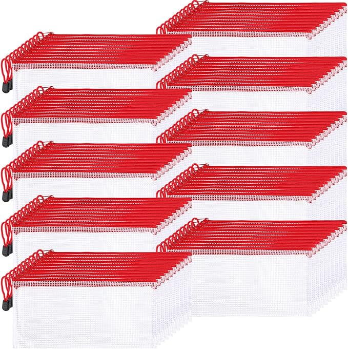 Sherr 120 Pcs Mesh Zipper Pouch A6 Pencil Pouches Bulk Small Clear Mesh Bags with Zipper 9.45'' x 4.53'' Waterproof File Bag Pencil Case for School Office Travel Organization(Red)