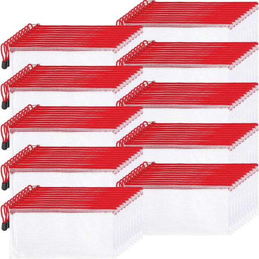 Sherr 120 Pcs Mesh Zipper Pouch A6 Pencil Pouches Bulk Small Clear Mesh Bags with Zipper 9.45'' x 4.53'' Waterproof File Bag Pencil Case for School Office Travel Organization(Red)