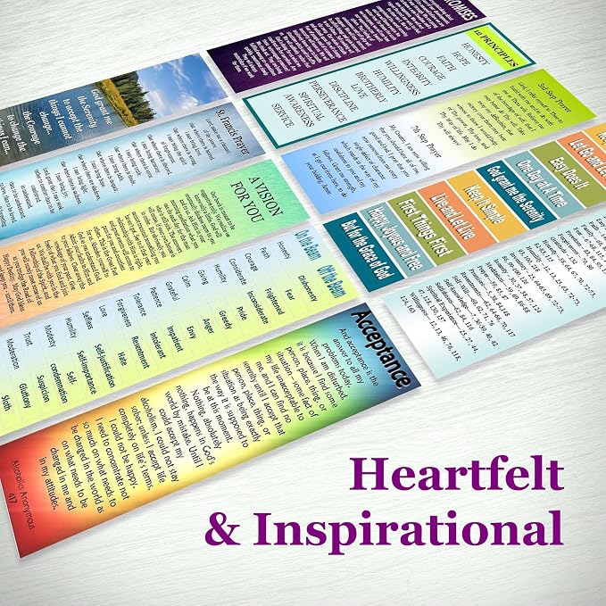 12 Step AA Sobriety Bookmarks- Set of 10 2x6 Laminated Recovery Gifts with Serenity Prayer, Big Book Index, Acceptance, St Francis Prayer, 3rd & 7th Step Prayer by Cheryl's Bookmarks