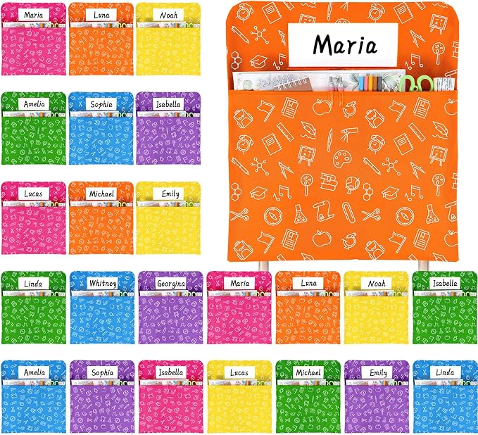 gisgfim 24 Pcs Chair Pockets for Classroom 17 x 20 Inch Colorful Stationery s with Name Tag Chairback Pouch Bag Organizer for Student Elementary School Daycare Supply