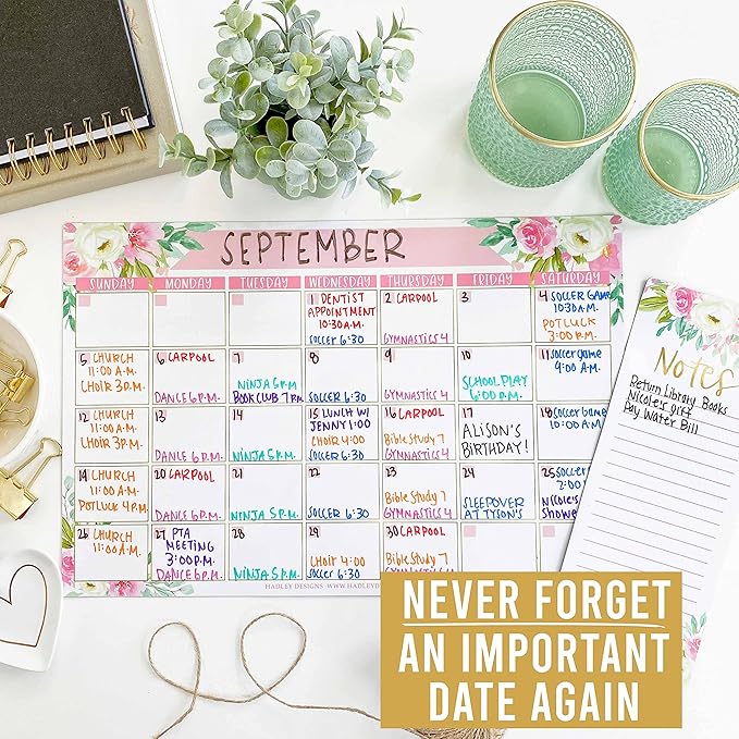 Hadley Designs - Floral Dry Erase Board Calendar for Fridge, Wall - Magnetic Notepad