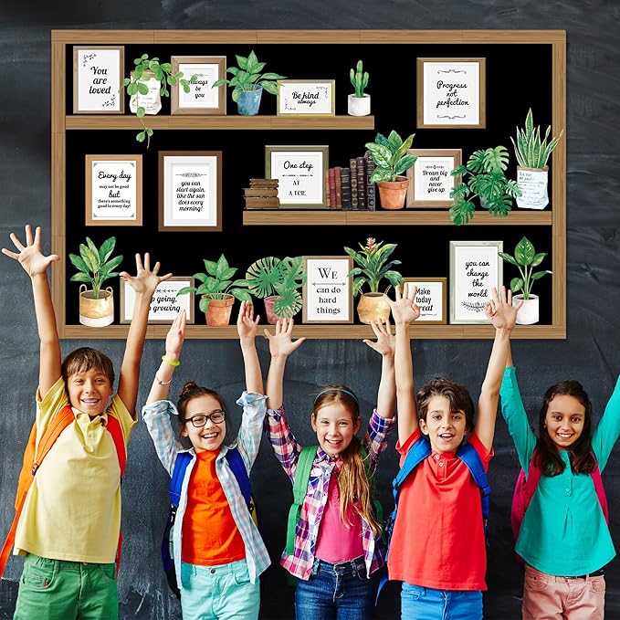 GOLDGAO Bookshelf Bulletin Board Set Back to School Plant Motivational Classroom Decoration Reading Poster Potted Plant Back to School Cutouts for Library Office Chalkboard Wall Door Decor Supply