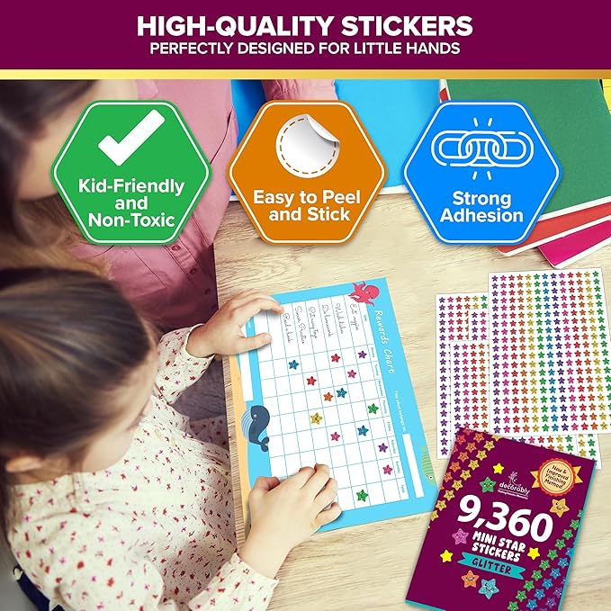 Decorably 9,360 Vibrant Small Star Stickers for Kids Reward - 45 Sheets with 5 Designs for Charts & Worksheets, Classroom Activities, Positive Reinforcement, Arts & Crafts, Scrapbooking, Gift