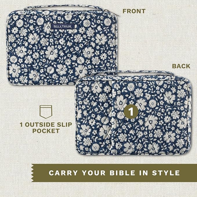 Bella Taylor Small Bible Cover for Women - Quilted Cotton Bible Case for 6 x 9 inch Books - Bicolor Floral Navy