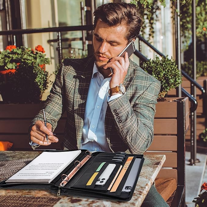 AZXCG Genuine Leather Portfolio Binder for Men& Women,Padfolio Organizer with Zipper,Padfolio Folder for iPad Pro 12.9/ Letter Size Notepad,Business Executive Gift for Men,Gift for Valentine's Day