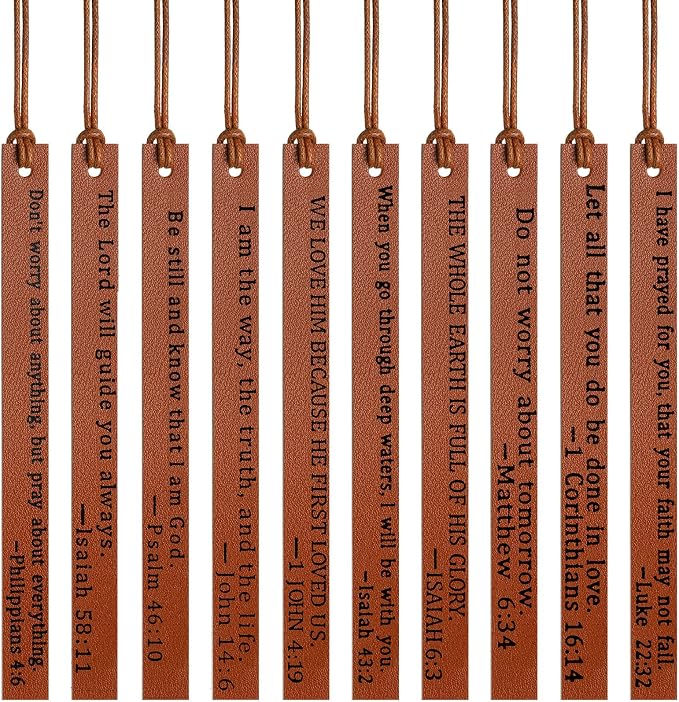 Laumoi 10 Pcs Christian Leather Bookmarks, Handmade Bible Verses Scripture Bookmarks for Women & Men, Religious Christian Gifts for Book Lovers, Church & Book Club Supplies(Elegant, Brown)