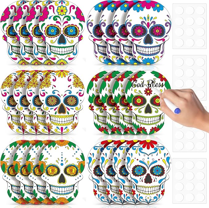 TaoBary 24 Pcs Day of The Dead Decorations Sugar Skull Cutouts Paper 7.09 Inch Dia De Muertos Party Decorations Sugar Skull Bulletin Board Decor for Mexican Halloween Classroom Altar Wall Crafts