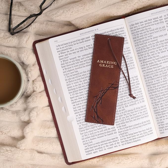 Christian Art Gifts Premium Vegan Leather Inspirational Scripture Bookmark for Men & Women: Amazing Grace, Crown of Thorns Design, Motivating Scripture, Durable Cord, Reading Accessory, Brown & Gold