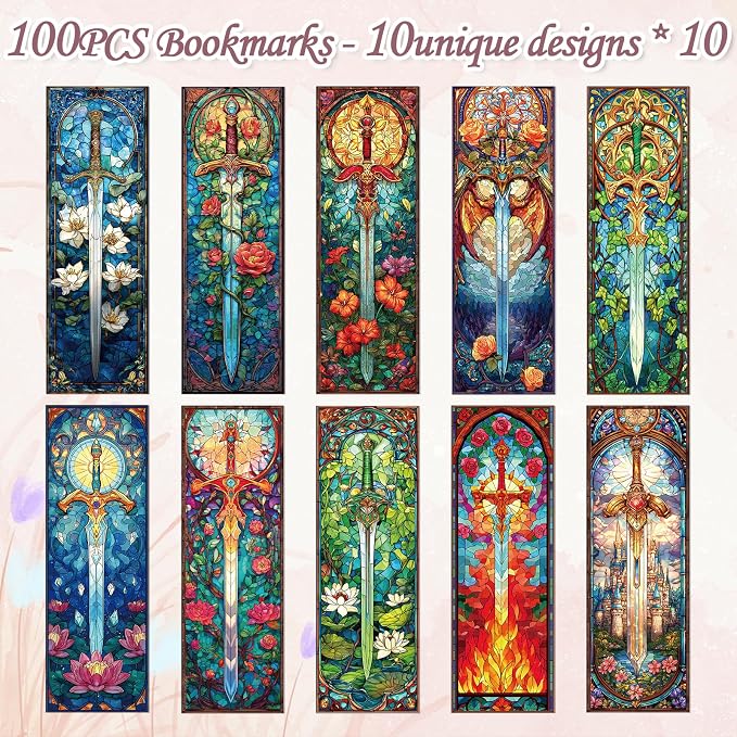 Wxiben Stained Glass Sword Bookmarks - 100 Pcs Cool Fantasy Bookmark Unique Sword Flower Book Marks Book Markers Page Clip GIFS for Women Men Teens Students Teacher Reading Bookworm Bookish