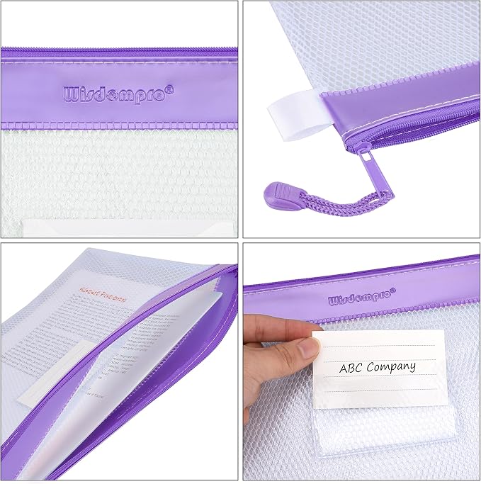 Wisdompro Zipper Pouch, 4 Packs Durable Letter Size Waterproof Mesh File Bag, Document Organizer - Purple