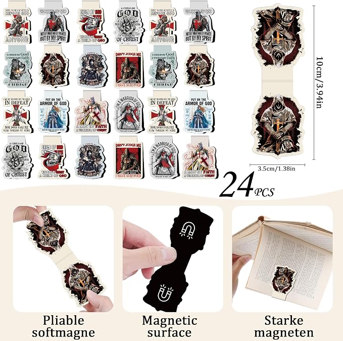 Armor of God Magnetic Bookmarks - 24 Pcs Christian Inspirational Full Warrior Magnet Book Mark Bible Verse Religious Scripture Bulk Page Markers Reading Men Lovers Gifts School Accessories