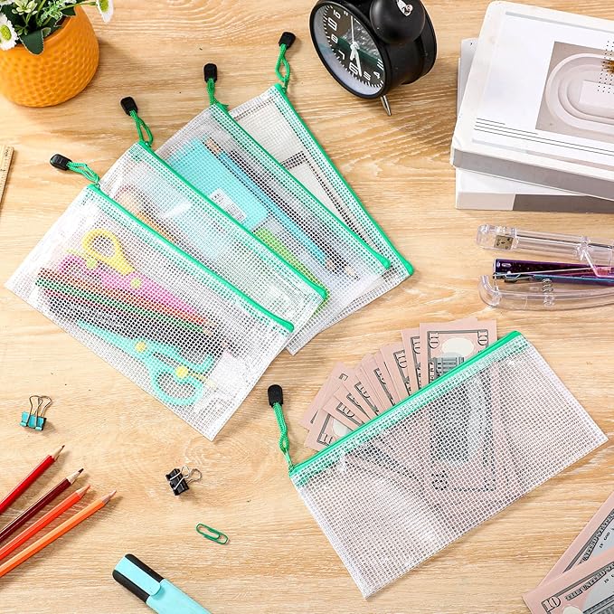 Sherr 120 Pcs Mesh Zipper Pouch A6 Pencil Pouches Bulk Small Clear Mesh Bags with Zipper 9.45'' x 4.53'' Waterproof File Bag Pencil Case for School Office Travel Organization(Green)