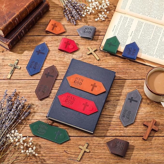 AmazingSpark 12 Pcs Man of God Cross Gift Bulk for Father's Day Christian Leather Magnetic Bookmarks Religious Gift for Men Dad Church Pastors Missionary Husband (Classic)