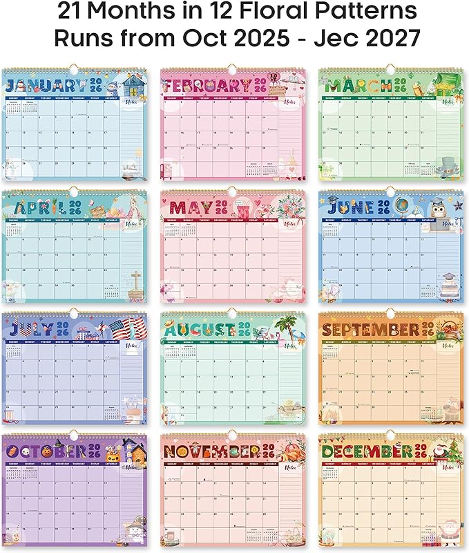 Calendar 2026-2027, Monthly Wall Calendar Runs Until June 2027, 11.5" x 14.8", Spiral Binding Hanging Wall Calendar, Perfect for Home or Office,Vivid Festival