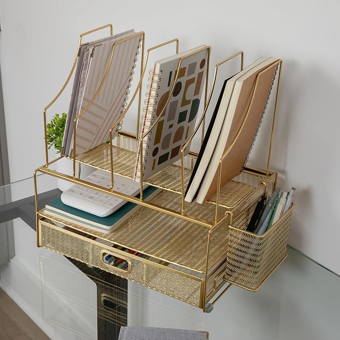 Martha Stewart Ryder Gold Mesh Metal Large Desktop Organizer With Paper File Letter Holder Organizer and Drawer