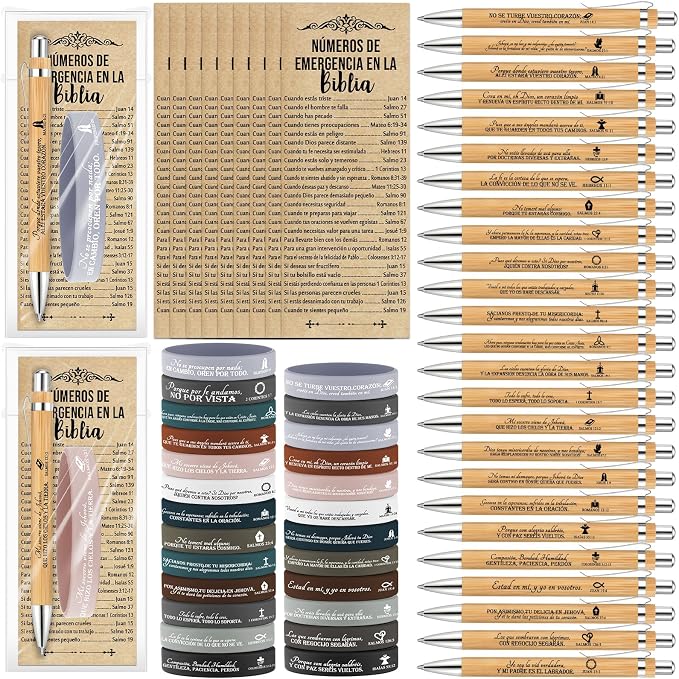 Feifeiya 75 Pcs Fathers Day Christian Gifts Bulk Christian Church Gifts with Bible Verse Pen Religious Silicone Wristband Bookmark for Mom Pastor Teacher Coworker Nurse(Simple Color,Spanish Style)